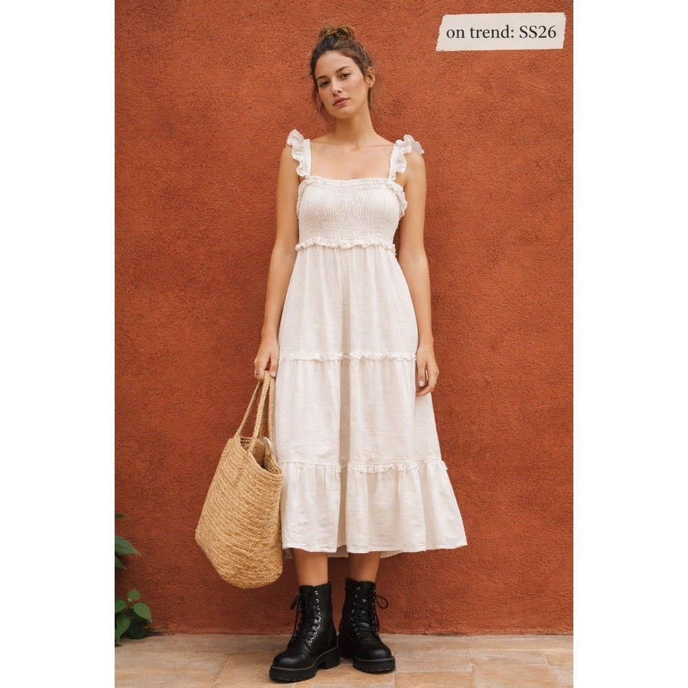 PRISTINE WhiteTiered Ruffle Midi Dress Sleeveless Lined Women's M